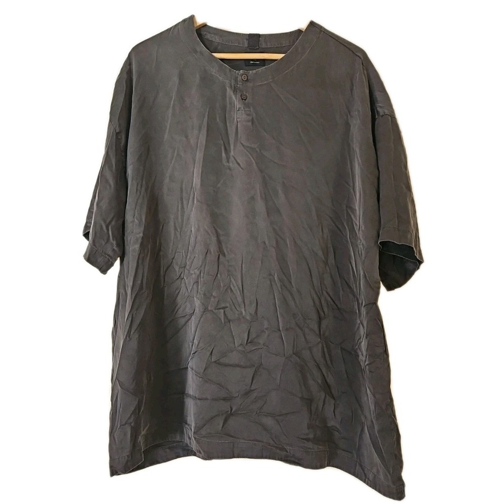 Lahgo Mens Silk Henley Short Sleeve Shirt Large Casual Lounge Pajama Top Gray